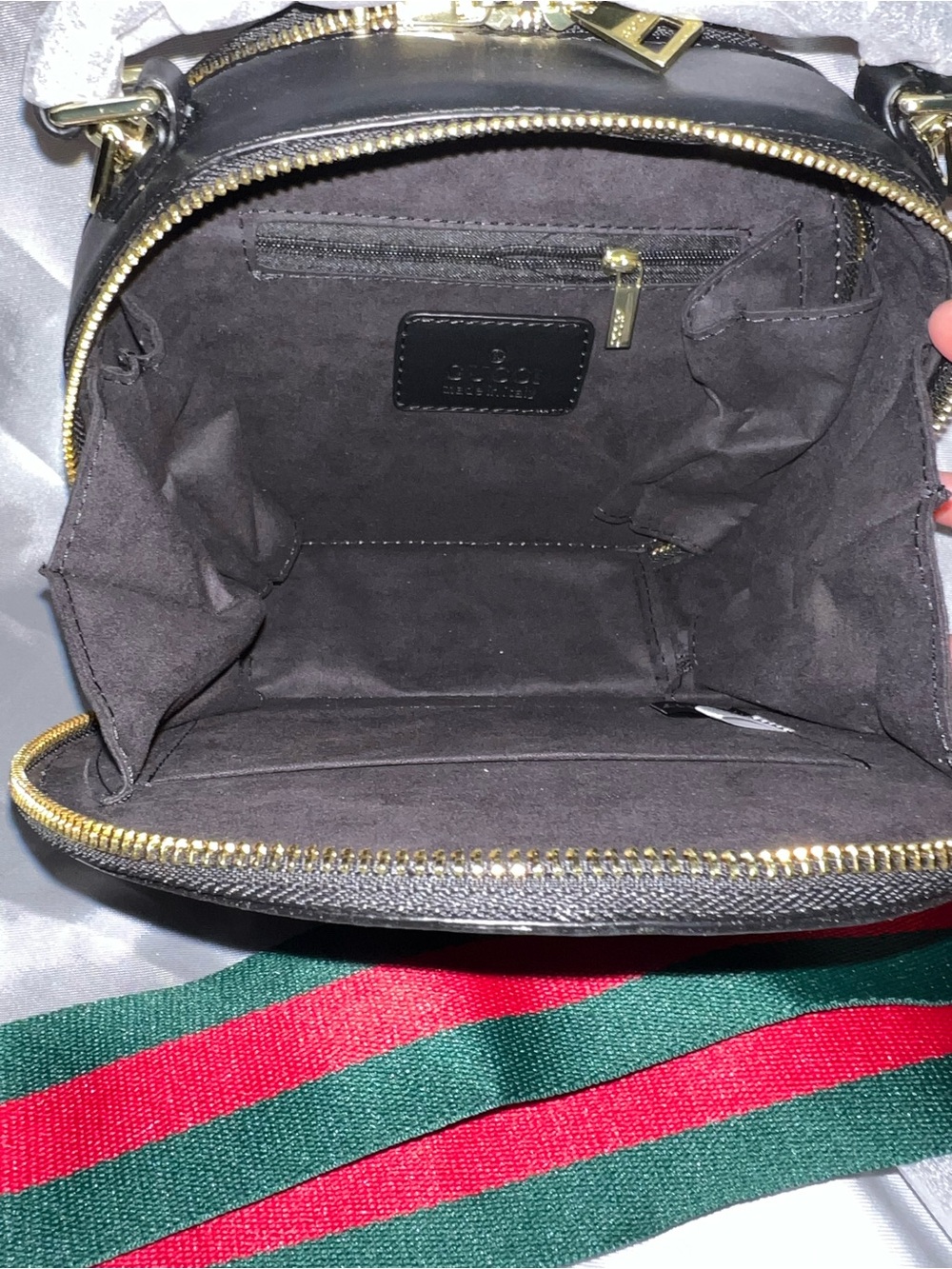 Inspired Black GG Embossed Round Crossbody with Green-Red Stripe - Picture 4 of 6